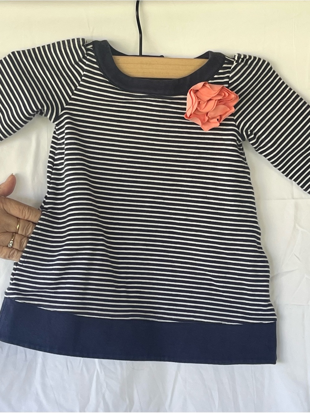 Janie and Jack Navy & White Striped dress with Coral flower Accent has pockets!